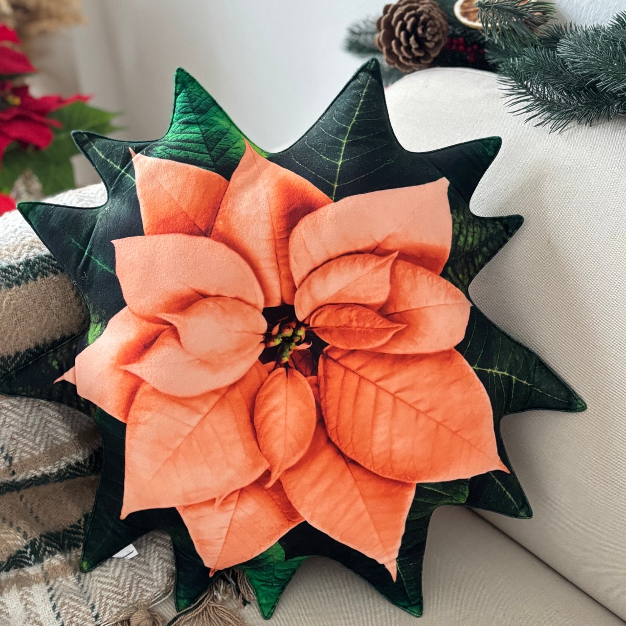 Poinsettia orange white pillow / poinsettia cushion / christmas pillow / christmas gift