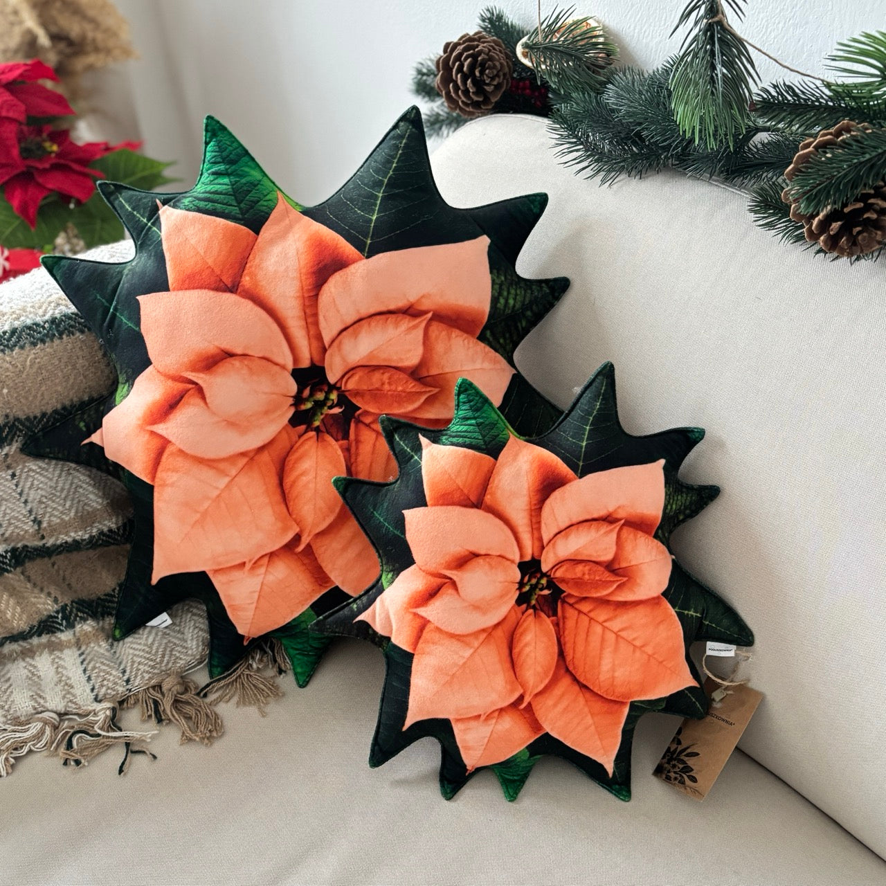 Poinsettia orange white pillow / poinsettia cushion / christmas pillow / christmas gift
