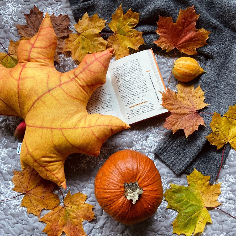 yellow leaf pillow, maple pillow, autumn pillow